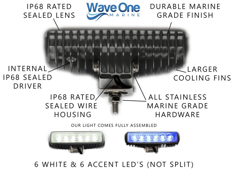 Wave One Marine Dual Color LED Boat Spreader Light Deck Flood Beam Stainless Hardware & Bracket IP68 Waterproof Multicolor Bright High Lumen Output (Black Housing, White & Blue) - Image 3